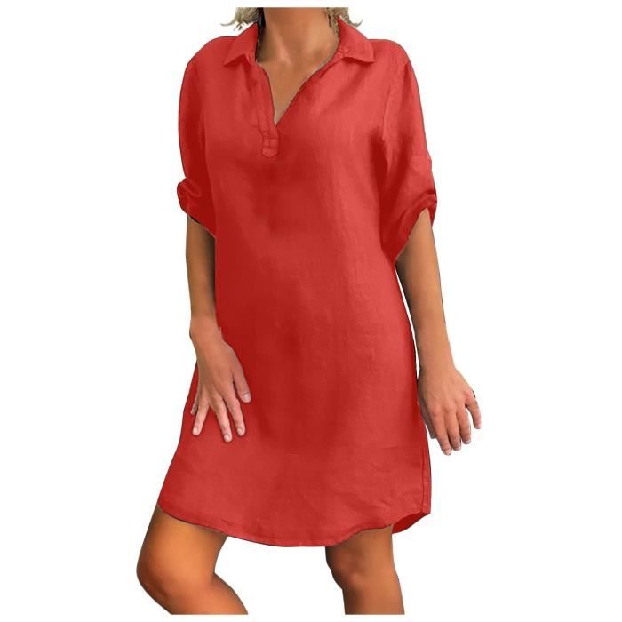 Mode femmes grande taille en lin de coton solide col rabattu robe chemise ample Rose vif