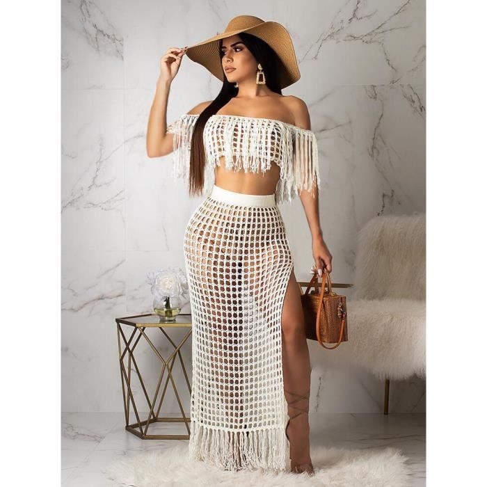 Jupe longue sexy pour femme Z044white F style bandage tenue de plage ajouree Blanc Cdiscount Pret a Porter