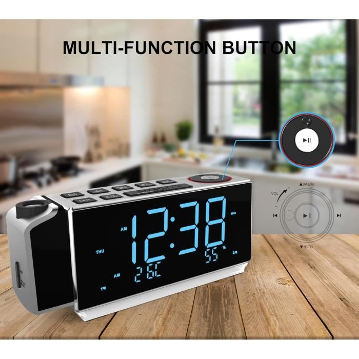 Réveil numérique LED, radio FM avec double alarme, réveil à projection
