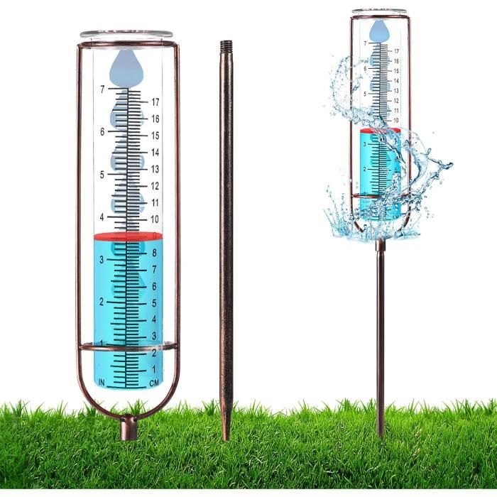 Pluviomètre Jardin En Verre TNSLAND - Échelle Claire Avec Piquet Métal | Mesure Précise Pluie | Décoratif Et Fonctionnel