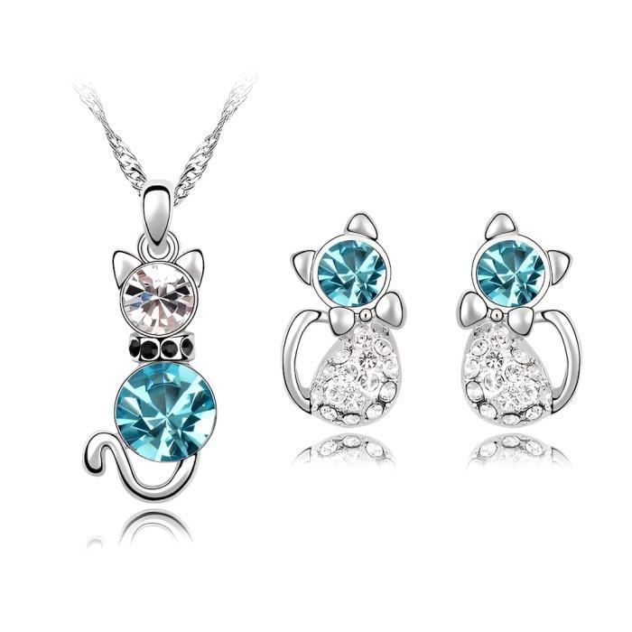 Parure Bijoux - Enfant - Chat - Cristal - Autrichien - Bleu - Turquoise - Plaqué Or Blanc 750/1000 - 4 Pièces