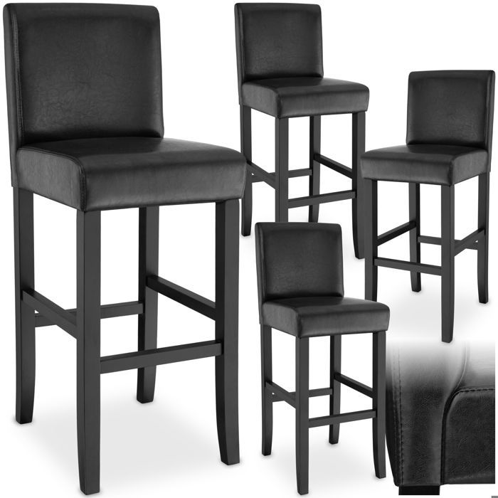 Tabouret de bar - TECTAKE - Lot de 4 tabourets avec pieds en bois massif et repose-pieds hauteur dassise 76 cm - Noir