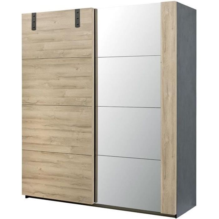 armoire 2 portes coulissantes chêne/miroir - oudong n°1 - l 188 x l 68 x h 215