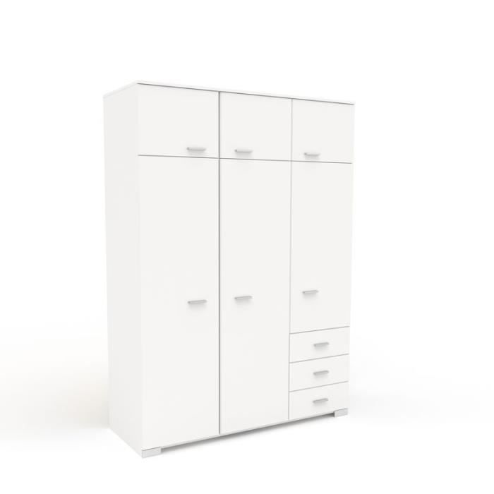 Armoire Dressing Blanche 3 Portes 3 Tiroirs Lille L 146 X L 55