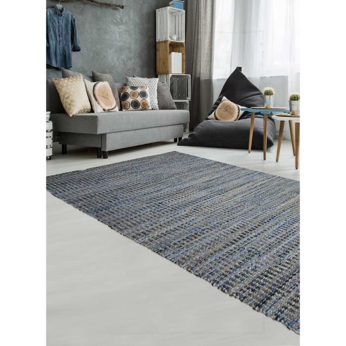 tapis pour salon denim jute et coton 60 x 110 cm bleu achat vente tapis jute cdiscount