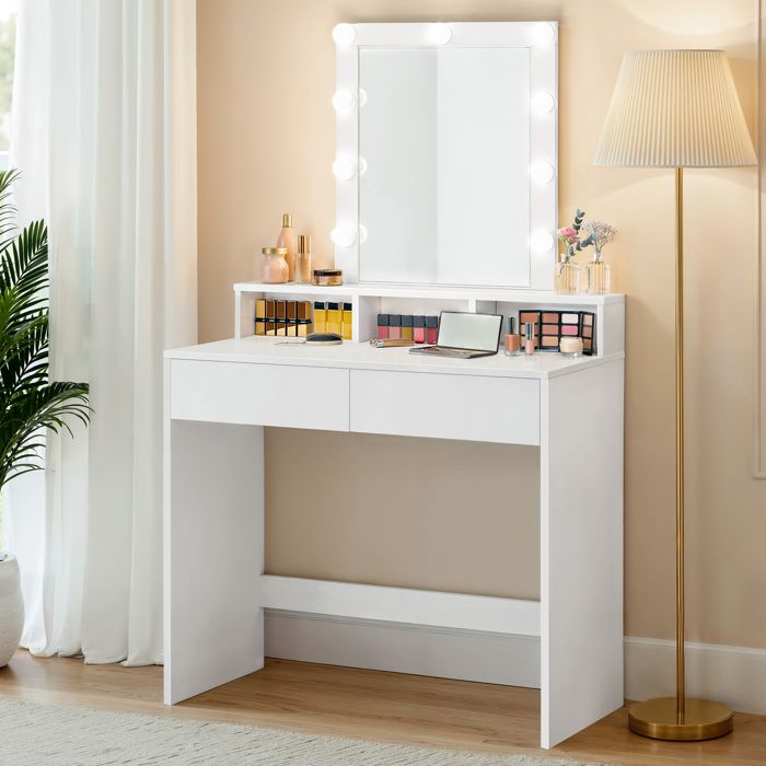 VASAGLE Coiffeuse Miroir LED à Luminosité Réglable Table de Maquillage 2 Tiroirs et 3 Compartiments 40 x 80 x 145 cm Blanc