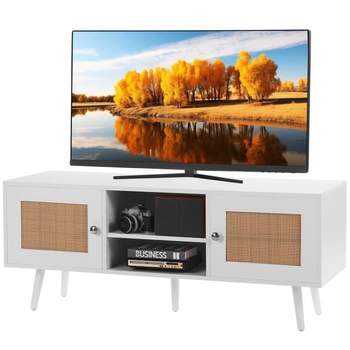 Meuble tv boho - VEVOR - 1200 x 400 x 490 mm pour TV 55 console de divertissement avec porte en rotin blanc