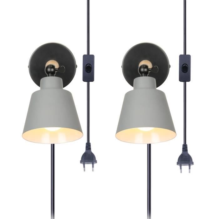 UNI 2 Pack Applique Mural Intérieur Design avec Prise et Interrupteur Lampe de Chevet Eclairage Décor Gris