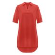 Mode femmes grande taille en lin de coton solide col rabattu robe chemise ample Rose vif-1