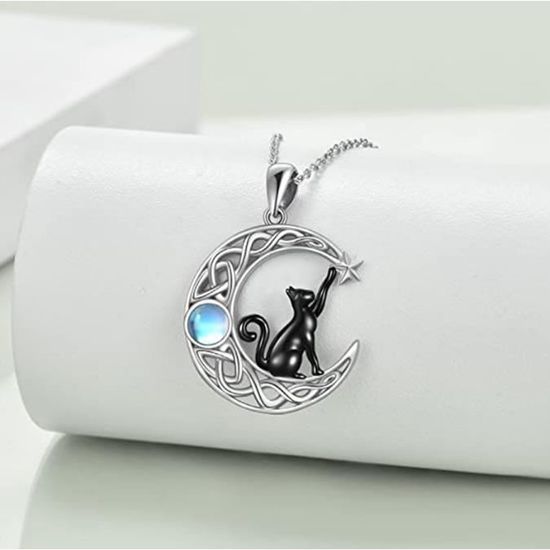 Collier Chat Et Lune En Argent 925 - Pendentif Élégant, Cadeau Femme Ou Fille