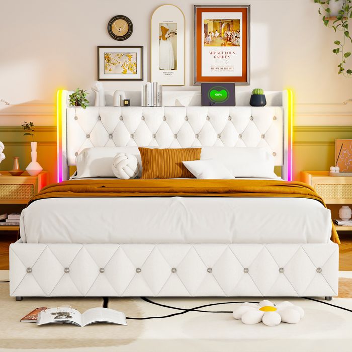 Lit 160x200 Avec Sommier LED, USB Type C et APP - Lit Coffre Avec Tête de Lit, 4 Tiroirs et Lattes - Double Capitonné Pour 2 Personnes (Sans Matelas Lit 160x200 Avec Sommier LED, USB Type C et APP - Lit Coffre Avec Tête de Lit, 4 Tiroirs et Lattes - Double Capitonné Pour 2 Personnes (Sans Matelas