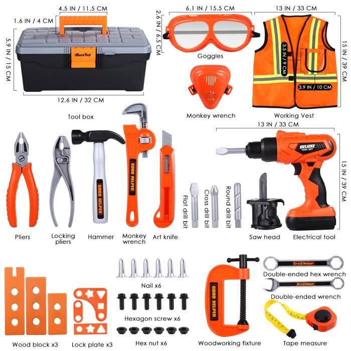 Mallette D'Outils Enfant UCAMP 95 Pièces | Perceuse Électrique, Ceinture à Outils | Jouet Éducatif 3-8 Ans | Cadeau Idéal