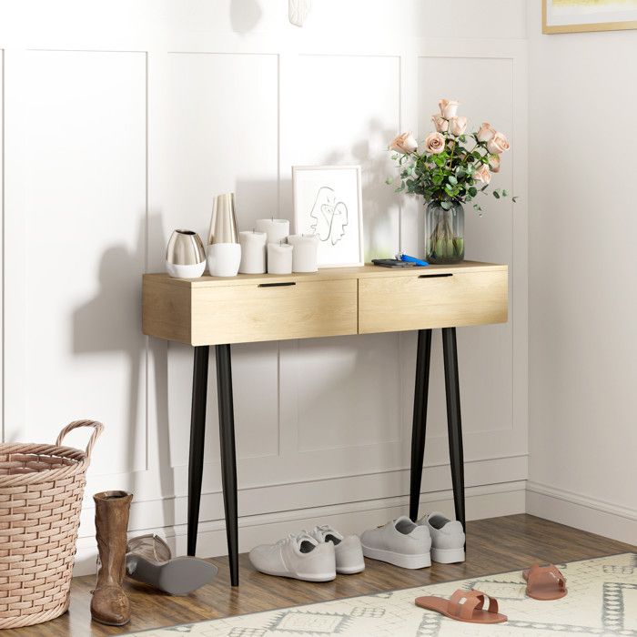 Console Style Console style nordique 2 tiroirs métal noir effet bois clair ...