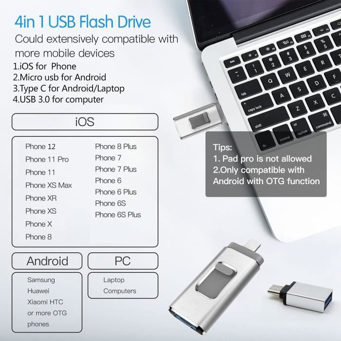 Clé USB 256 Go, Clé USB C 256 Go USB 3.0 Pendrive 2 En 1 Type C OTG Clé