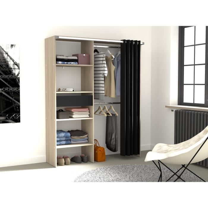Dressing avec rideau ARTIC - Chêne et noir - 1 colonne + 2 penderies + 1  tiroir - EKIPA - Cdiscount Maison