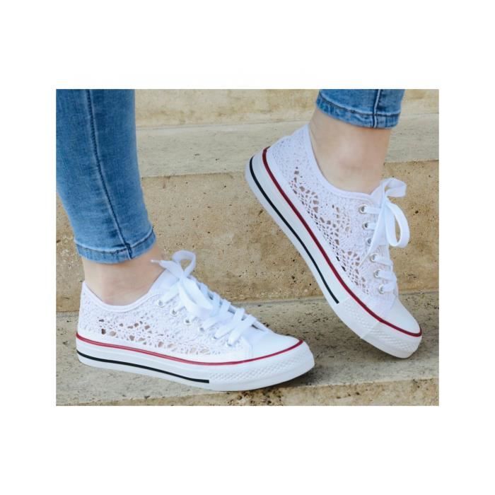 Baskets dentelle toile basses Primtex Blanc Lacets Femme Plat Adulte Textile Cdiscount Chaussures