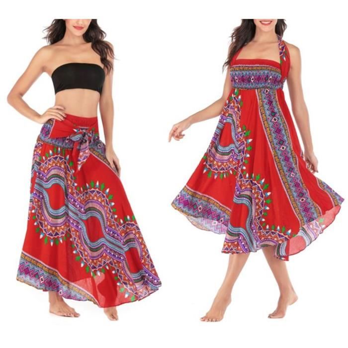 Femme Taille Smockee Hippie Jupe Boheme Indienne Gypsy Taille eLastique Floral Halter Jupe rouge Rouge Cdiscount Pret a Porter
