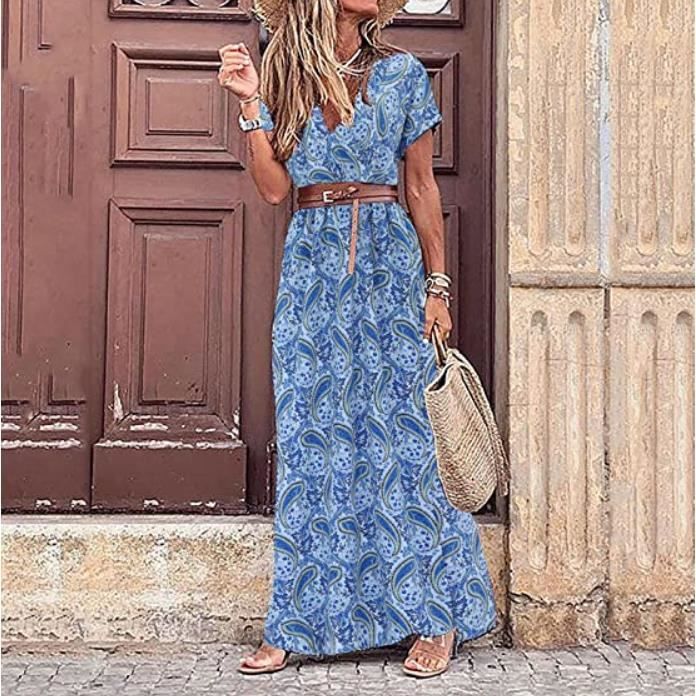 Robe Femme Chic Et élégante été - Longue, Manches Courtes, Fluide, Style Bohème - Col En V, Coupe Ample