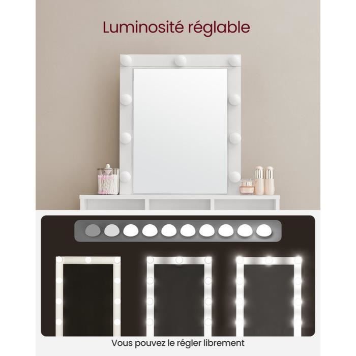 Coiffeuse avec Miroir à Lumières LED et Tabouret Luminosité Réglable 3  Tiroirs Blanc - Cdiscount Maison
