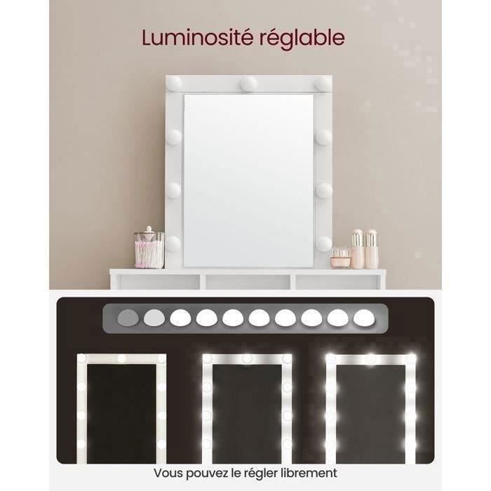 Coiffeuse Avec Miroir LED, Avec Multiprise, Compartiment Avec 2 Etageres Reglables 1 Tiroir 2 Etageres Coin Beaute Moderne Blanc 96465710