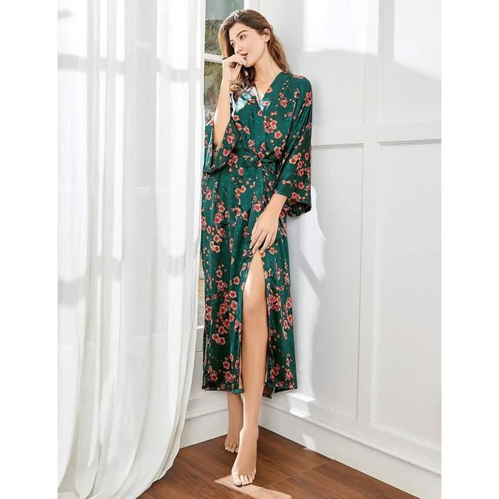 Kimono Long en Satin Robe de chambre Longue pour Femme Peignoir Long Satin avec Motif Fleurs Taille Unique Vert fonce 184 Cdiscount Maison