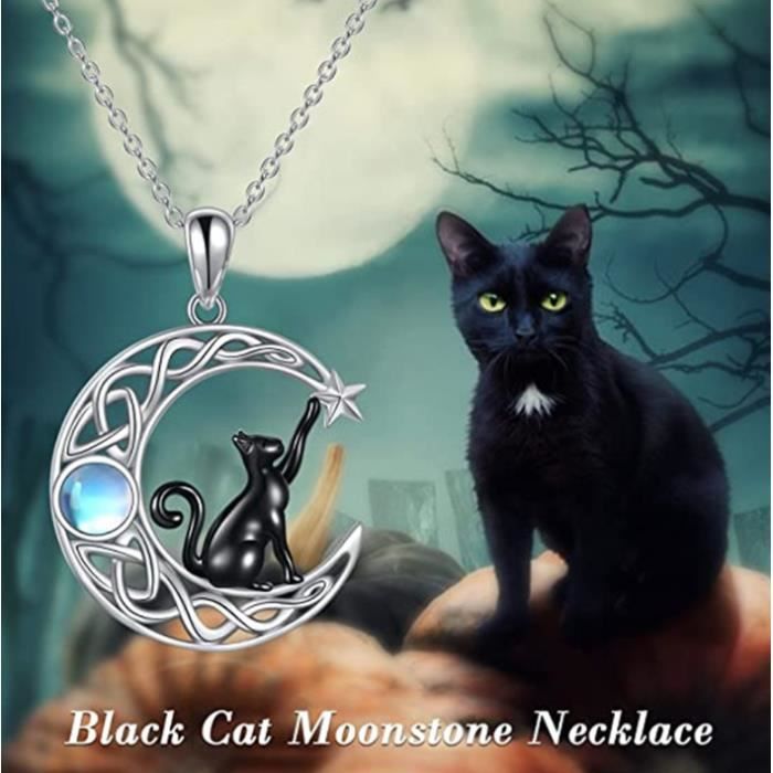 Collier Chat Argent 925 Pierre de Lune Créée avec Chat Dans la Lune  Pendentif Collier Bijoux pour Femmes