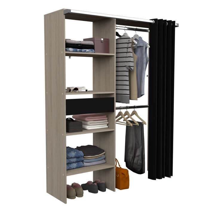 Dressing avec rideau ARTIC Chêne et noir 1 colonne + 2 penderies