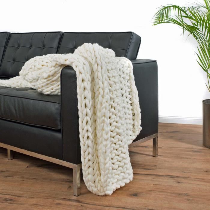 Couverture confortable à grosses mailles - Couverte en polaire tricotée, Plaid douillette, Couverture à grosses mailles, couvre-lit pour salon et chambre d 'amis (Gris foncé, M