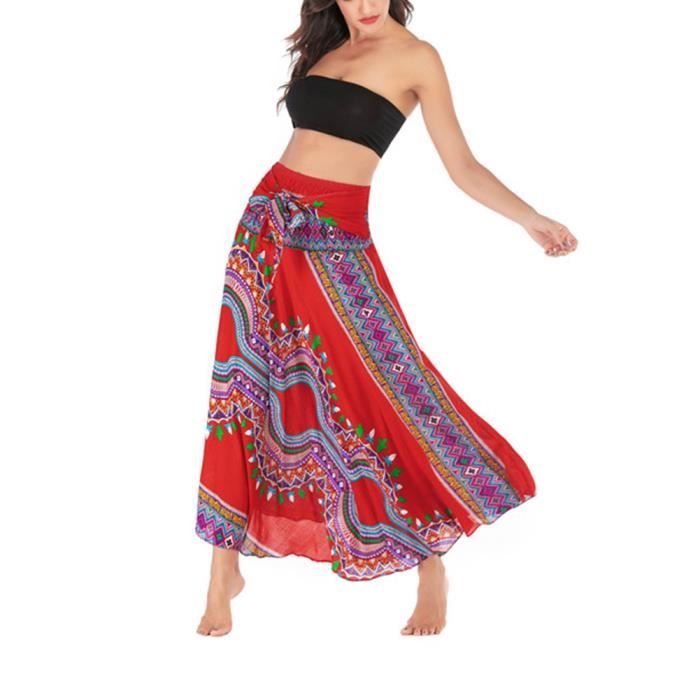 Femme Taille Smockee Hippie Jupe Boheme Indienne Gypsy Taille eLastique Floral Halter Jupe rouge Rouge Cdiscount Pret a Porter
