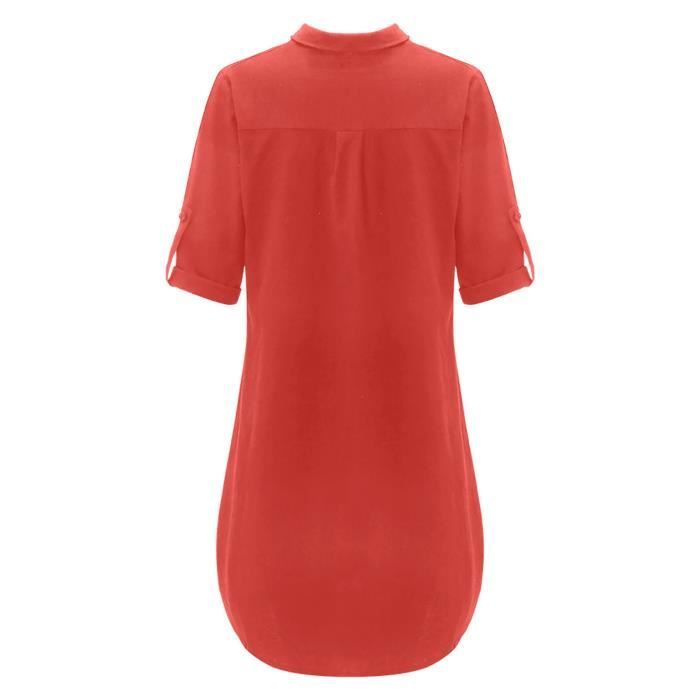 Mode femmes grande taille en lin de coton solide col rabattu robe chemise  ample Rose vif