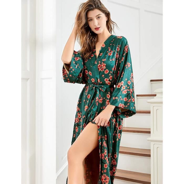 Kimono Long en Satin Robe de chambre Longue pour Femme Peignoir