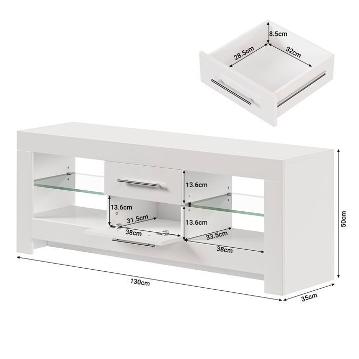 Meuble TV Moderne Blanc Avec Portes, étagères En Verre Et Lumières LED – Rangement Salon Ou Chambre 197 Cm - 4
