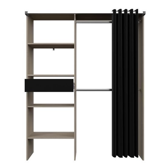 Dressing avec rideau ARTIC Chêne et noir 1 colonne + 2 penderies