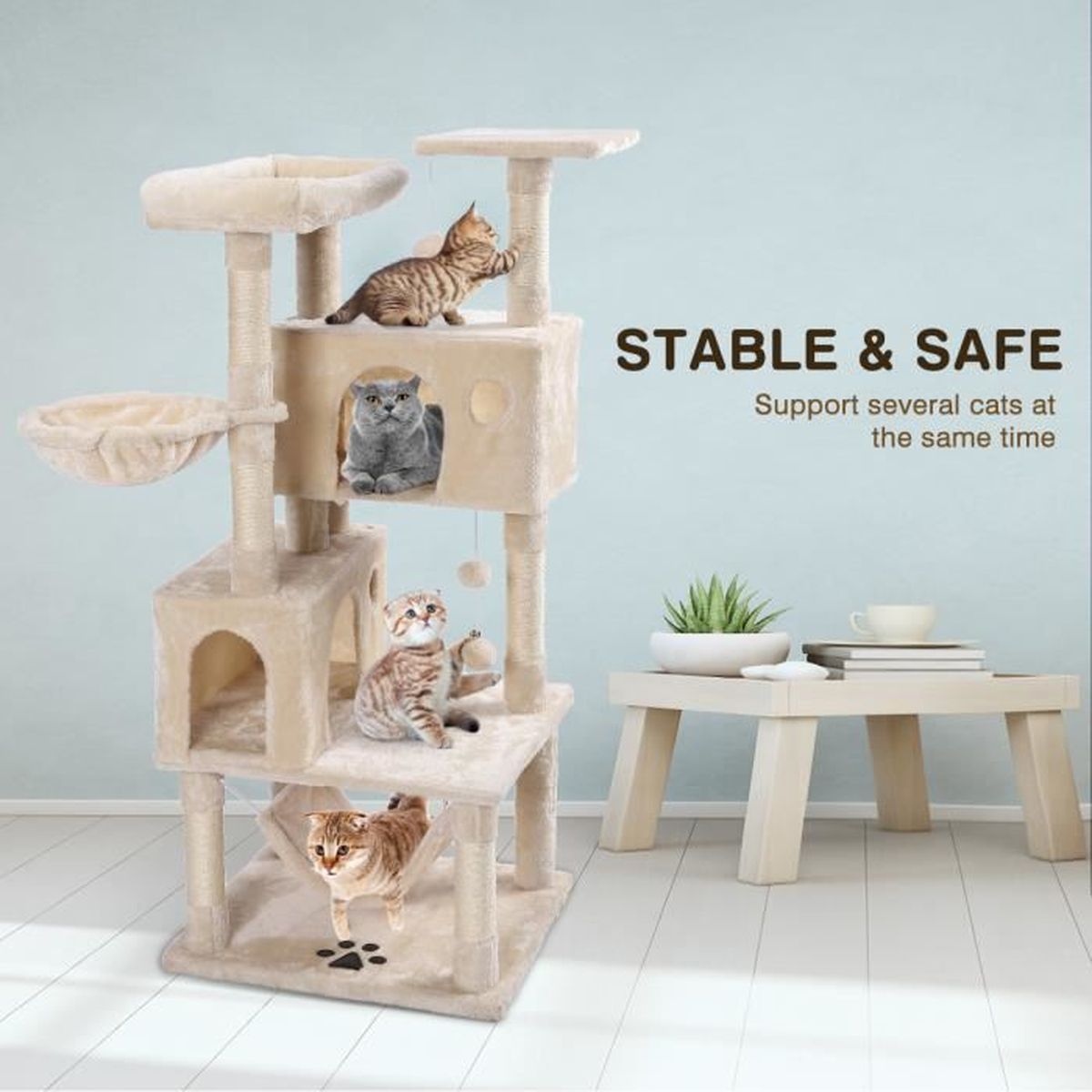 Arbre à Chat Multifonctionnel De Luxe Meubles De Chat Arbre Dactivité De Chat Stable Avec Son Clocher Beige