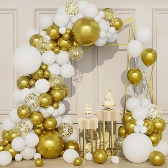 Kit 80 Ballons Dorés Et Blancs Avec Confettis - Pour Arche De Ballons, Mariage, Anniversaire - 12 Pouces Max