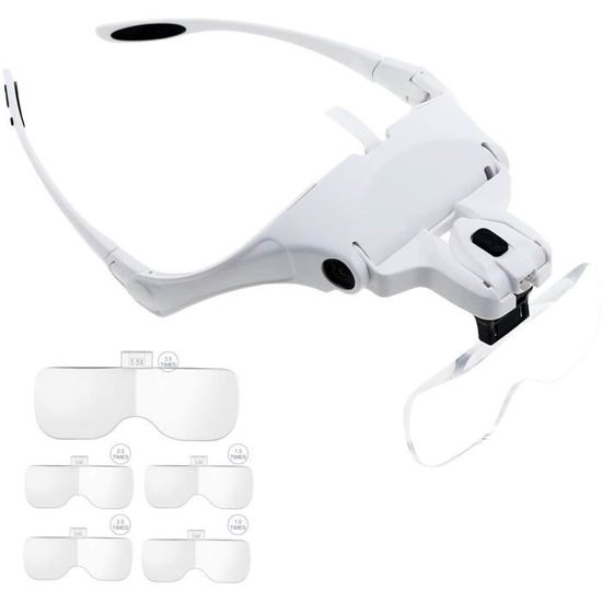 Loupe Frontale LED Avec 5 Lentilles Interchangeables (1X à 3,5X) - Idéale Bricolage, Lecture, Artisanat - Bandeau Inclus