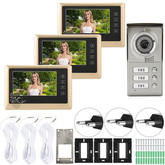 Fdit visiophone Appartement 3 unités avec portier vidéo filaire Système d'entrée d'interphone audio visuel pour sonnette (prise