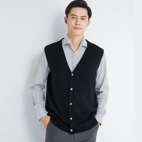 Cardigan Sans Manches Homme Tricoté Épais - Pull Gilet Boutons Rayures Vintage Automne Hiver