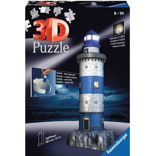 Puzzle 3D Phare illuminé - Ravensburger - 216 pièces - sans colle - LEDS couleur - Mixte - Dès 8 ans