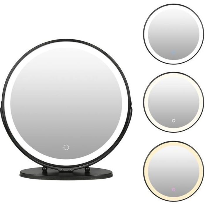 Miroir Maquillage Lumineux LED, Miroir de table Pivotant à 360 ° , avec Touch Control Design, Gradable en 3 couleurs - Noir 50x 50cm