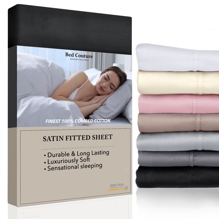Drap Housse 100% Satin de Coton égyptien peigné - bonnet de 25cm. Tissage très fin, toucher doux et soyeux, qualité hôtel cinq