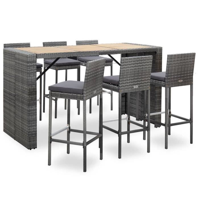 Magnifique - Ensemble Table de bar + 6 tabourets bar - Salon de jardin et coussins Résine tressée Gris