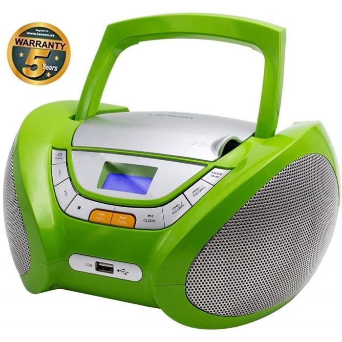 Lauson CP444 Lecteur CD Boombox audiobooks Radio Portable avec USB, Lecteur MP3 pour Enfant. Prise Casque, Aux-in, Écran LCD (Vert)