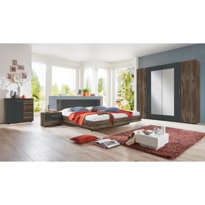 Chambre à coucher complète adulte (lit 180x200 cm + 2 chevets+armoire+commode) coloris imitation chêne chataigne-graphite