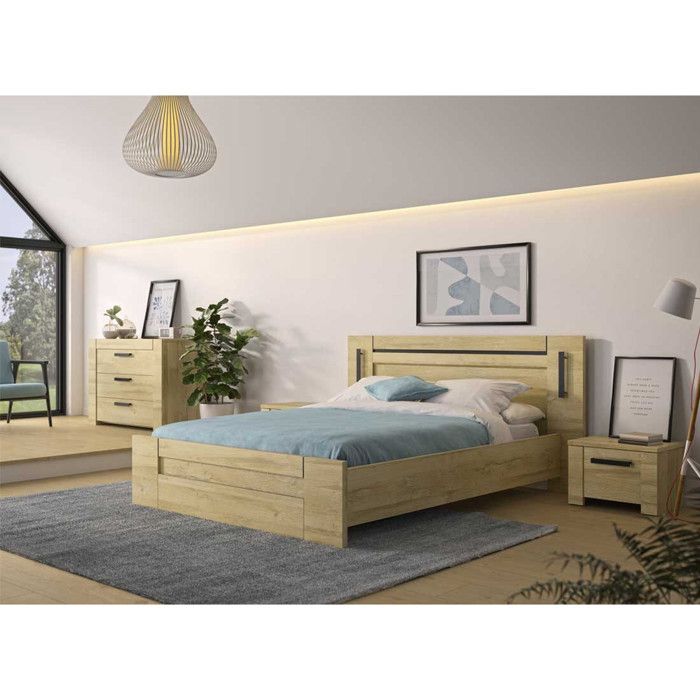 Chambre Adulte Complète (140*190) Chêne blond - MARCELLINO - L 177 x l 197 x H 99