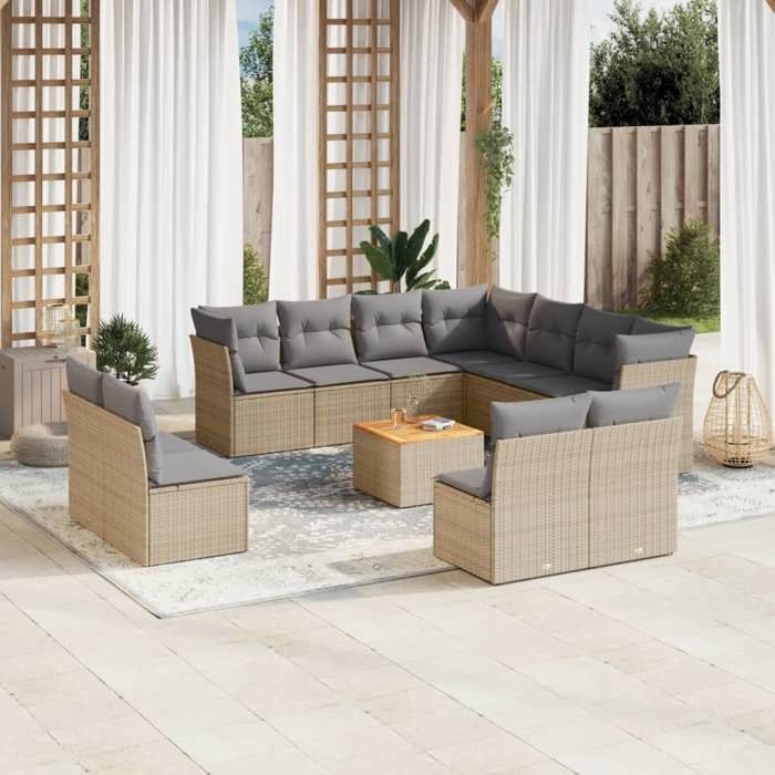 vidaXL Salon de jardin avec coussins 12 pcs beige résine tressée 3223707