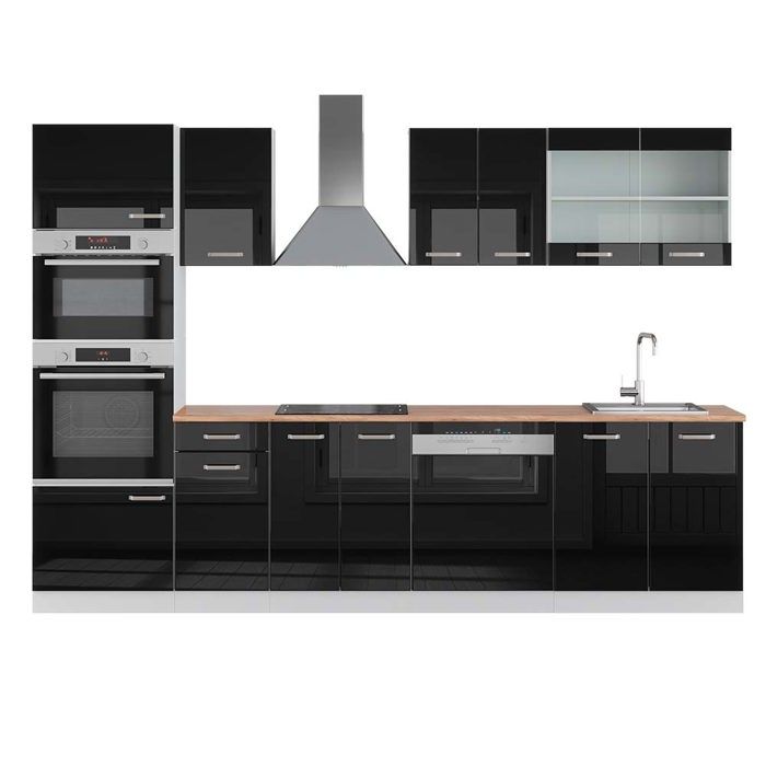 Cuisine R-Line, 300 cm avec armoire haute, PT Marbre, blanc/anthracite