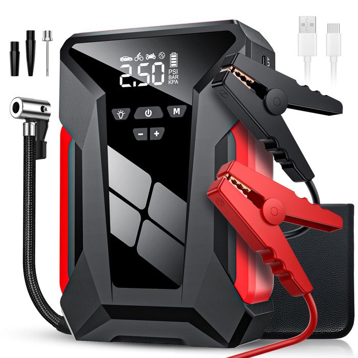 Démarreur de batterie de voiture alimentation de secours de voiture 28 000 mAh 150 PSI démarrage/gonflage/charge/éclairage