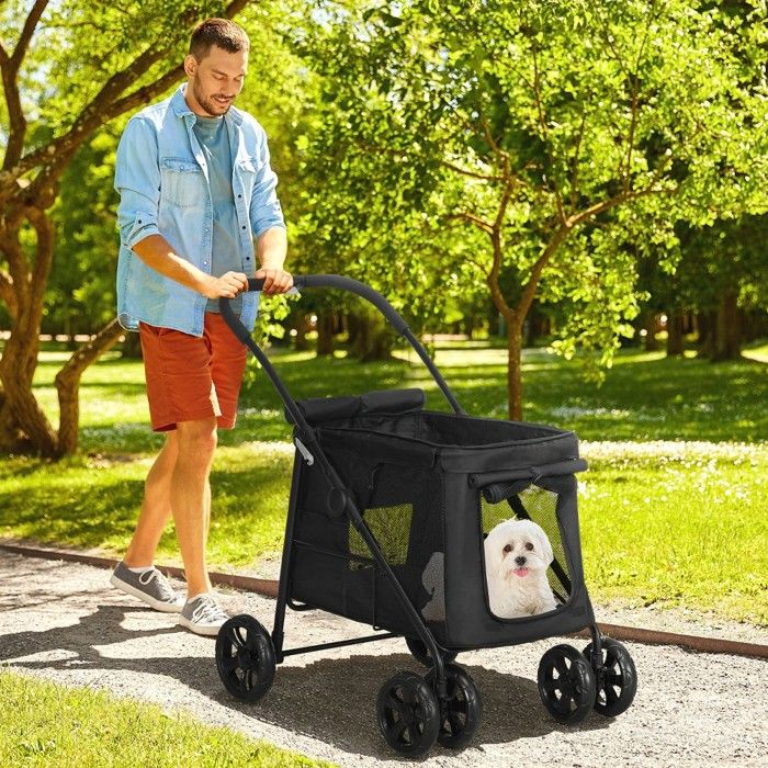Meilleurs prix pour Poussette Pour Animaux  pliable pour chien 20kg - Tissu Oxford noir avec poches latérales & fenêtre maille - Transport chat/chiot