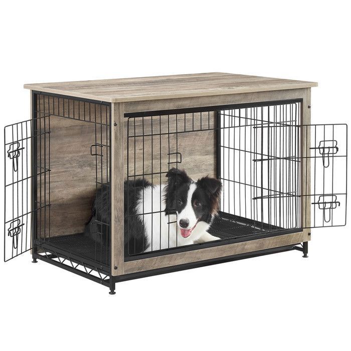 Comparer les prix de Cage Pour Chiens, Niche Moderne Pour Chiens Jusqu'à 32 Kg, Cage Pour Chiots, Plateau Amovible, Maisonnette Pour Animaux, 2 Portes, Grège